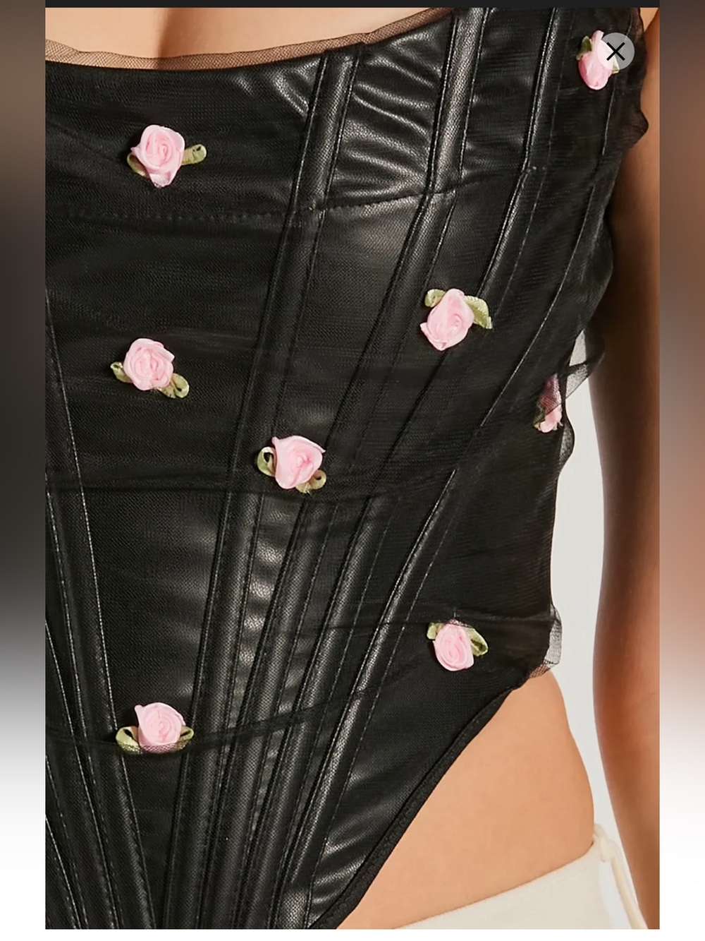 Windsor Whimsigoth Dark Coquette Black faux leather mesh overlay rose corset